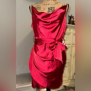 Brand New Red Satin Cocktail Dress with Draped Neckline